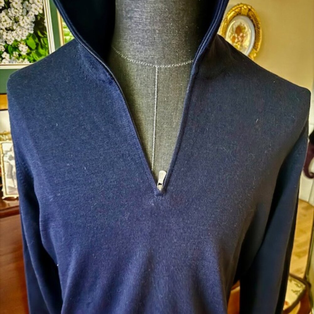 Gran Sasso of Italy 1/4 Zip Pullover Sweater, Sz 52, Navy Blue,100% VirginWool